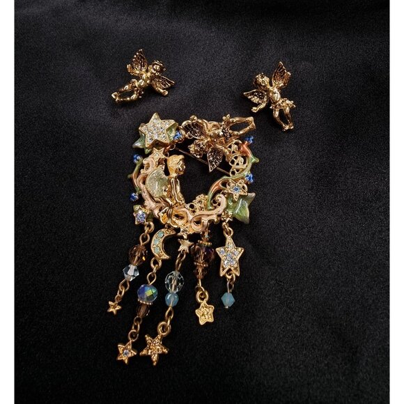 Vintage KIRKS FOLLY Signed Vintage Angel Cherub Earrings & Celestial Brooch Set - Picture 4 of 7